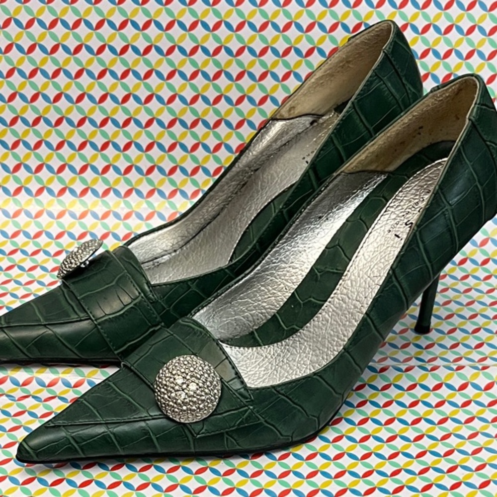 Green Crocodile Embossed Leather Pointed Toe Heels with Rhinestone Button